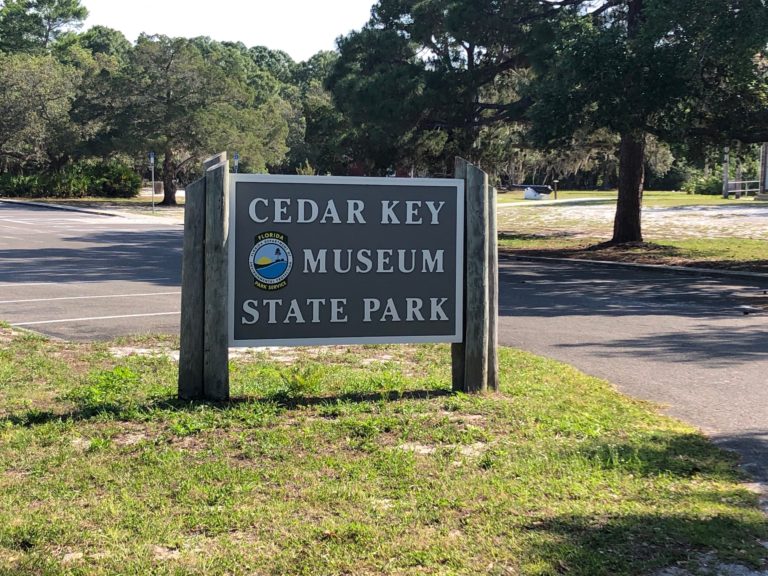 Cedar Key Museum State Park building and sign in Cedar Key, Florida
